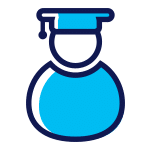 Blue and white icon of student in graduation cap