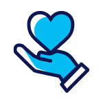 Blue icon of hand holding a loveheart