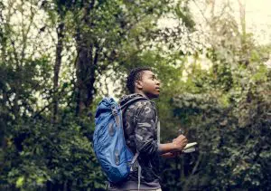 Man explores a forest and ponders the ethics of climate change