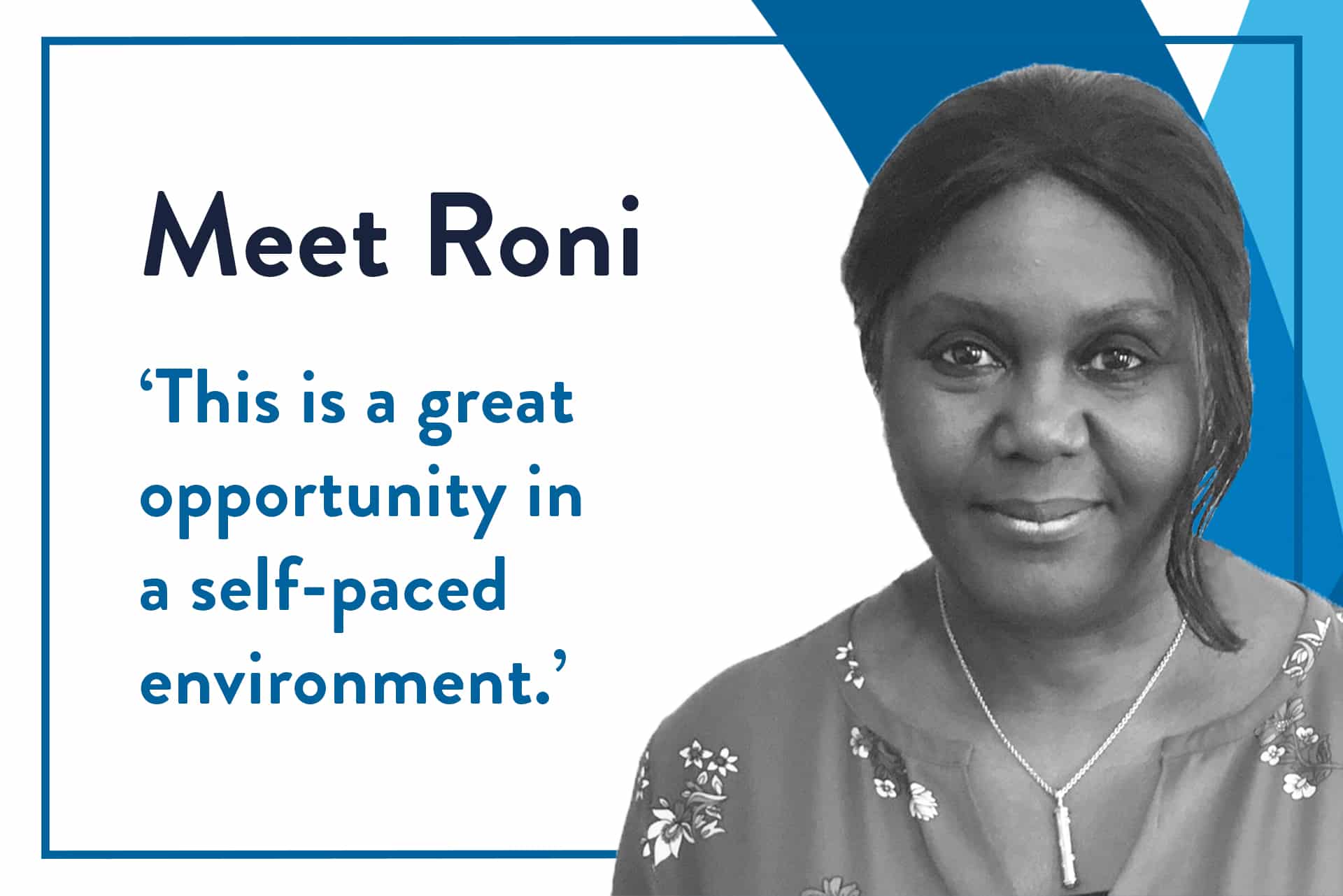 Blog header image of Roni who is a past student. Next to Roni is the text 'Meet Roni' and a quote from the testimonial.