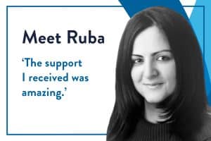 Blog header displaying photo of Evidence in Public Policy student Ruba and a quote from her testimonial